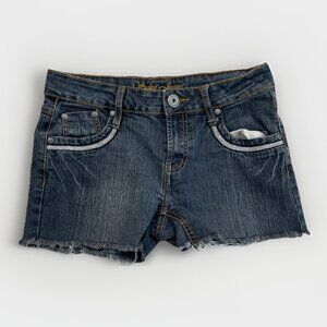 Y2K Suko Jeans Women Sz 7 Jean Shorts Denim Dark Blue Silver Distressed Cutoff